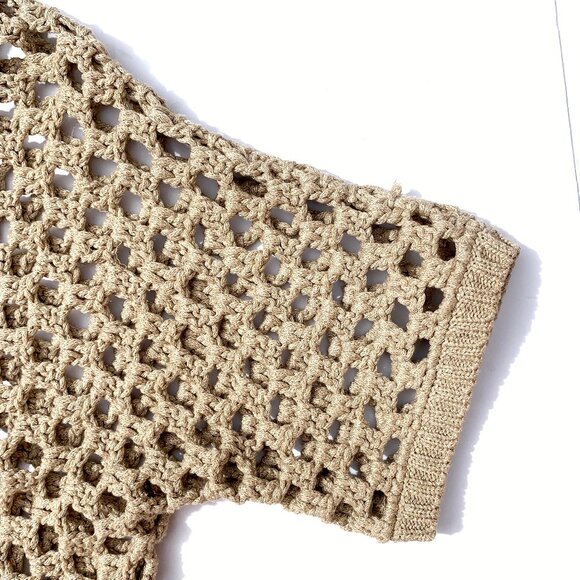 Women’s Chico’s Black Label Open Front Crochet Short Sleeve Sweater, Taupe/Metal - Picture 5 of 8